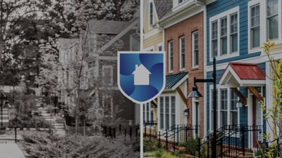 ResCap logo seal on a black and white and color background with houses