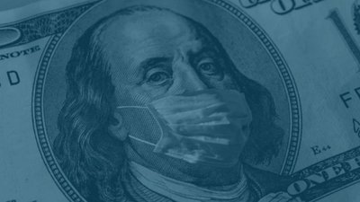 Dollar bill with Benjamin Franklin wearing a face mask